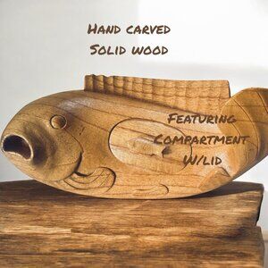 GIFT ARTISAN NATURAL WOOD FISH SCULPTURE WITH STORAGE COMPARTMENT ONE OF A KIND